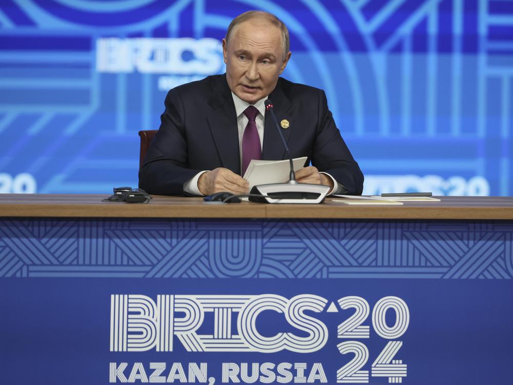 Russian President Vladimir Putin holds a press conference at BRICS Summit in Kazan, Russia, Thursday, Oct. 24, 2024