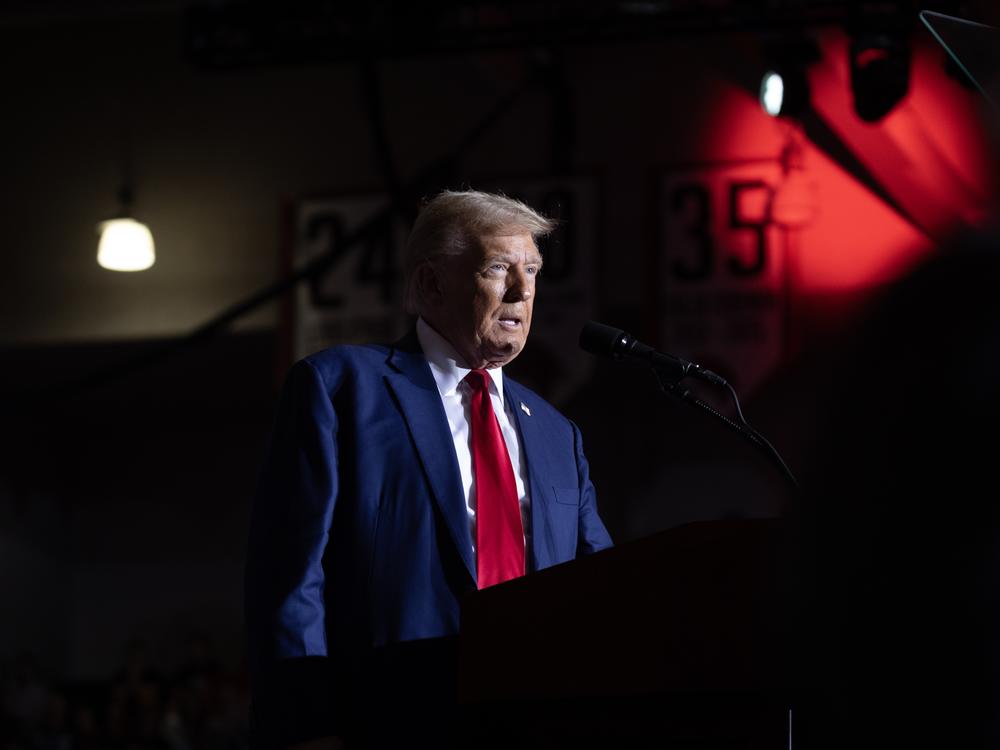 Former President Donald Trump speaks to supporters during a campaign event at Saginaw Valley State University on Oct. 3 in Saginaw, Mich.