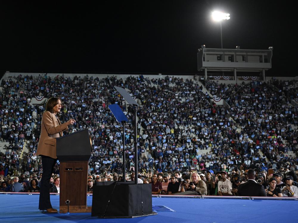 Vice President Harris speaks during a campaign rally in Georgia on Thursday. On Friday, she travels to Houston for a rally with Beyoncé.