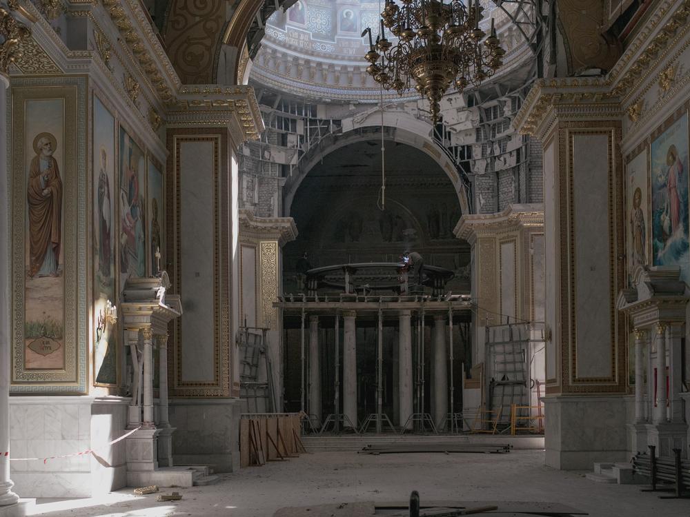 The Cathedral of the Transfiguration of Our Lord, a UNESCO-listed site, was damaged in a Russian missile strike last summer. It is currently undergoing renovation.