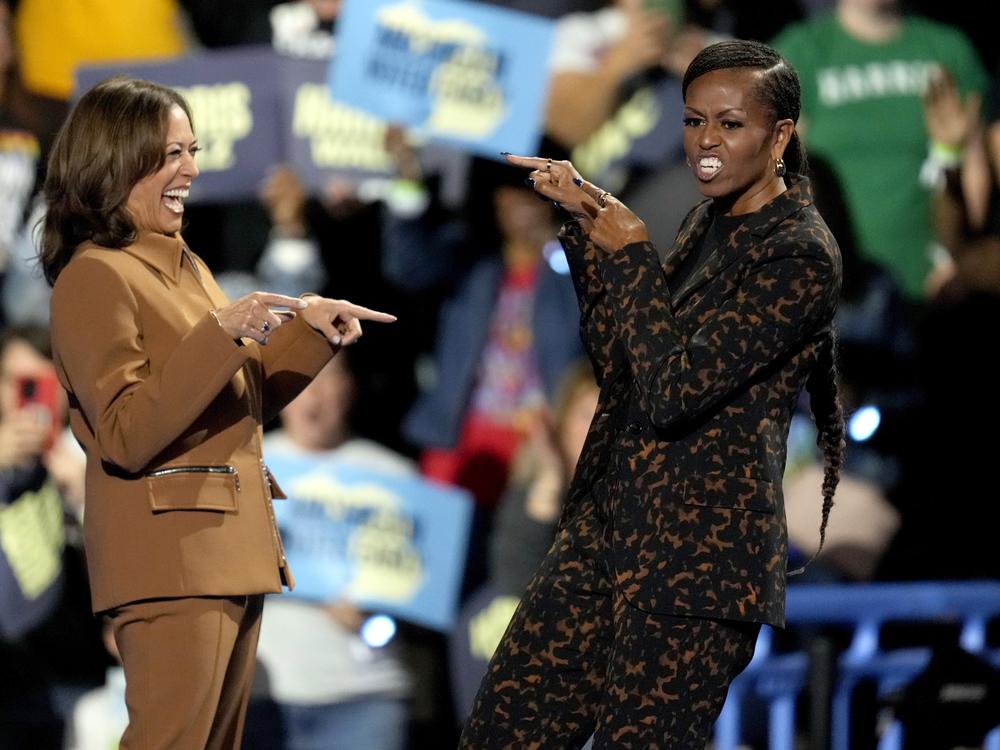 Vice President Kamala Harris and former first lady Michelle Obama at a rally on Oct. 26, 2024, in Kalamazoo, Mich.