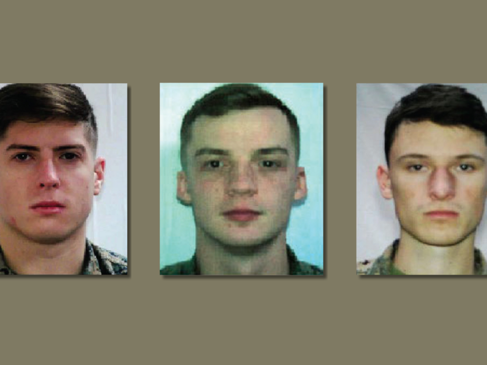 Photos of Dodge Dale Hellonen, Joshua Abate and Micah Coomer from their military access cards.
