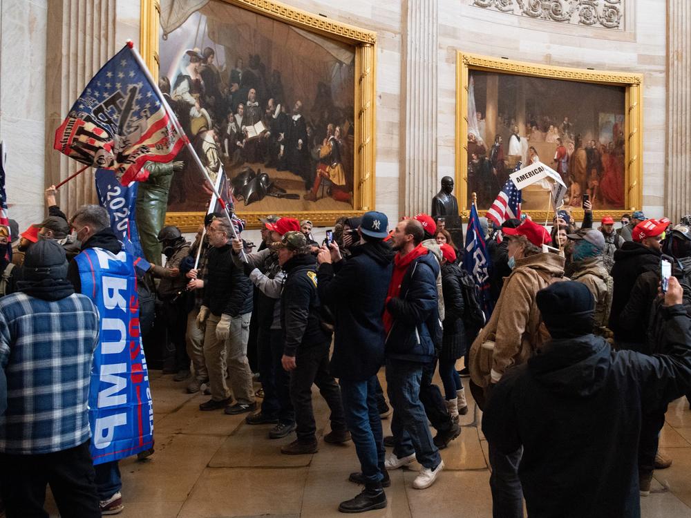 A crowd gathers in the U.S. Capitol Rotunda on Jan. 6, 2021, in Washington, D.C.