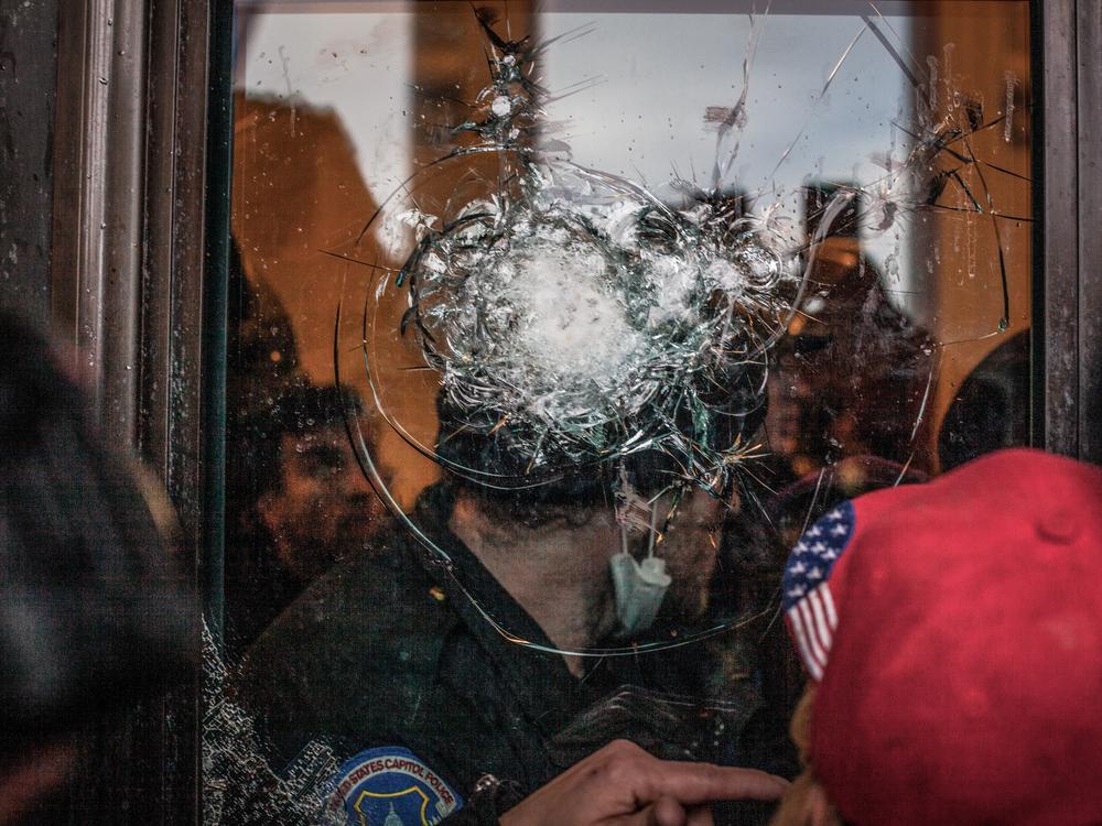 Capitol Police officers inside the building on Jan. 6, 2021, in Washington, D.C. Protesters stormed the historic building, breaking windows and clashing with police.