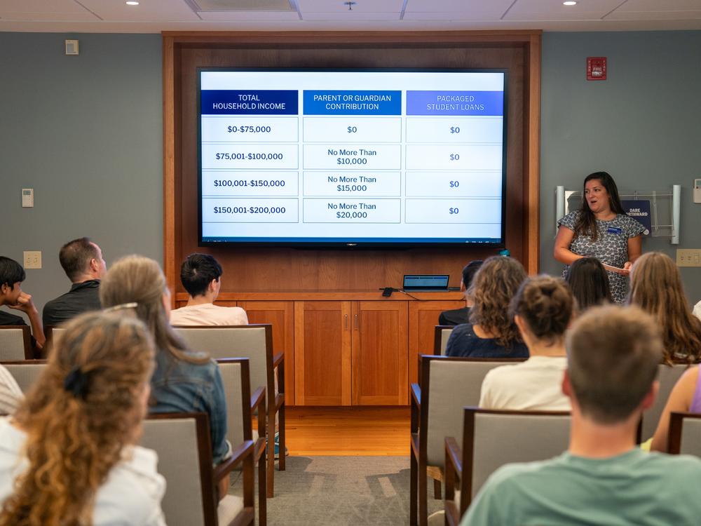 Lexie Sumner, the director of enrollment marketing and communications at Colby, gives a welcoming presentation to families.