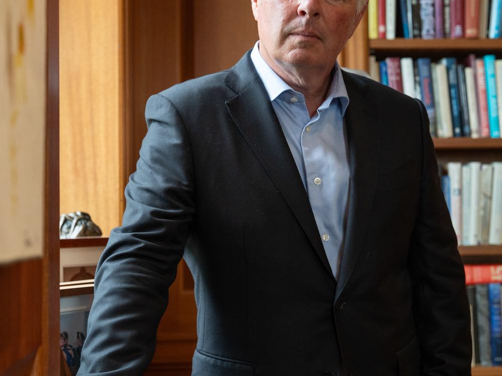 David A. Greene, Colby College's president, poses for a portrait in his office.