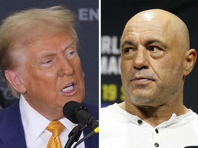 Former President Donald Trump — seen here during a news conference on Oct. 25, 2024, in Austin, Texas, — did an interview last week with podcaster Joe Rogan, seen here in an Aug. 18, 2023 file photo.