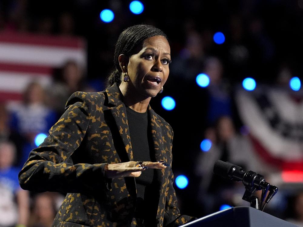 Former first lady Michelle Obama speaks at a campaign rally for Vice President Harris in Kalamazoo, Mich., on Oct. 26, 2024.