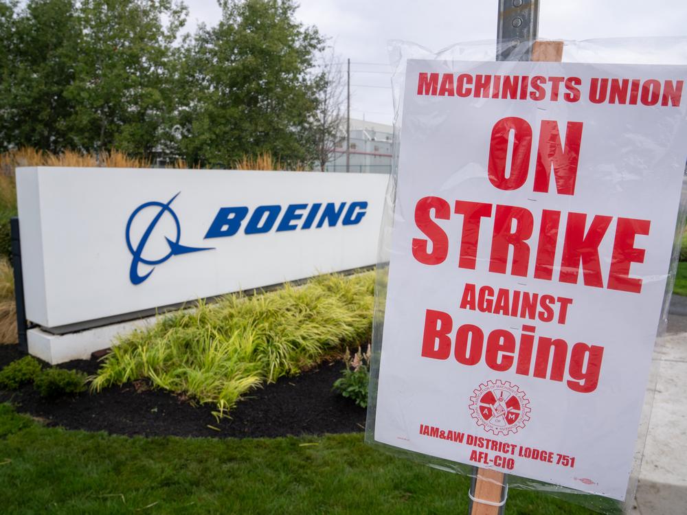 A strike sign is pictured outside a Boeing factory in Renton, Wash. The Boeing Machinists union has voted to reject the airplane maker's contract offer twice and has been on strike more than six weeks.