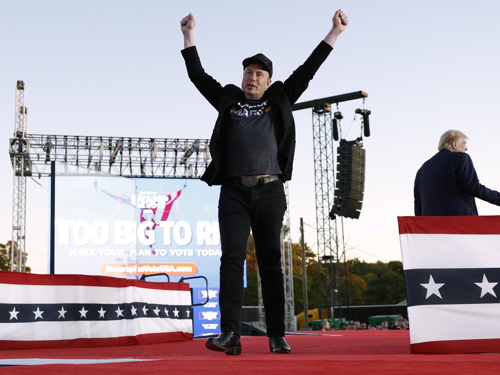 Musk leaves the stage after addressing a campaign rally with Donald Trump on Oct. 5 in Butler, Pa. Musk has embraced many of the same themes as Trump and used X to promote falsehoods and conspiracy theories also pushed by Trump and his allies.