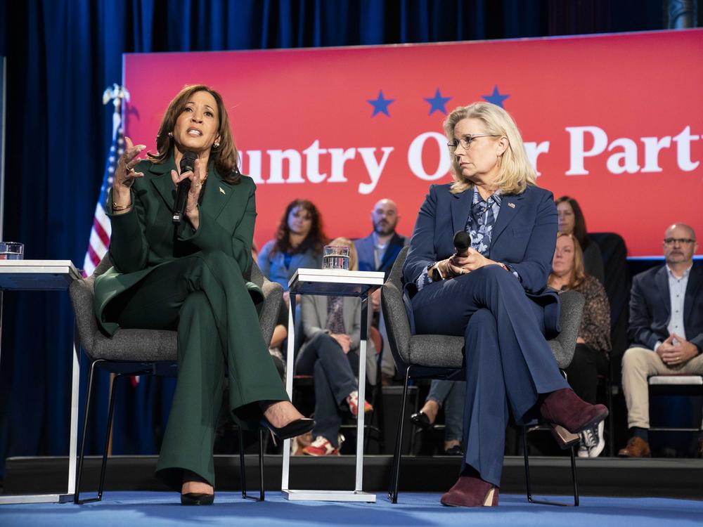 Vice President Harris campaigns with former GOP Rep. Liz Cheney on Oct. 21, 2024 in Royal Oak, Mich.