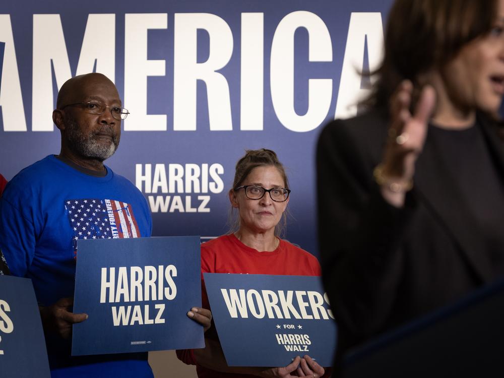 Vice President Harris speaks at a campaign stop at a United Autoworkers hall on Oct. 18, 2024 in Lansing, Mich.