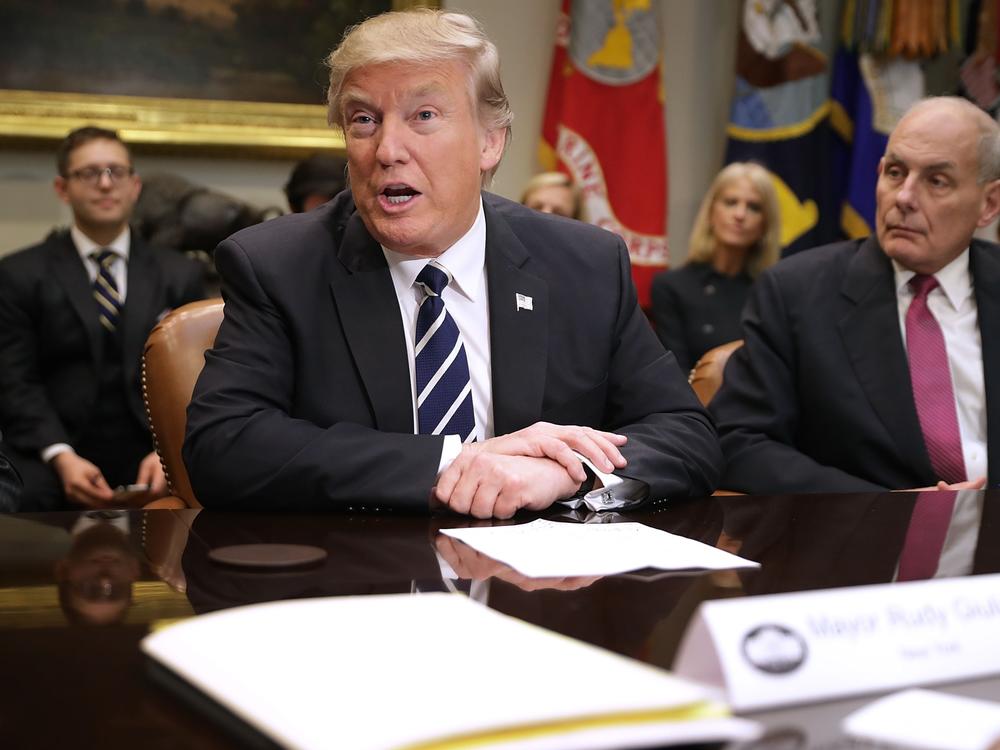 Then-President Donald Trump delivers remarks at the beginning of a meeting with Homeland Security Secretary John Kelly and other government cyber security experts in the Roosevelt Room at the White House on Jan. 31, 2017 in Washington, D.C.