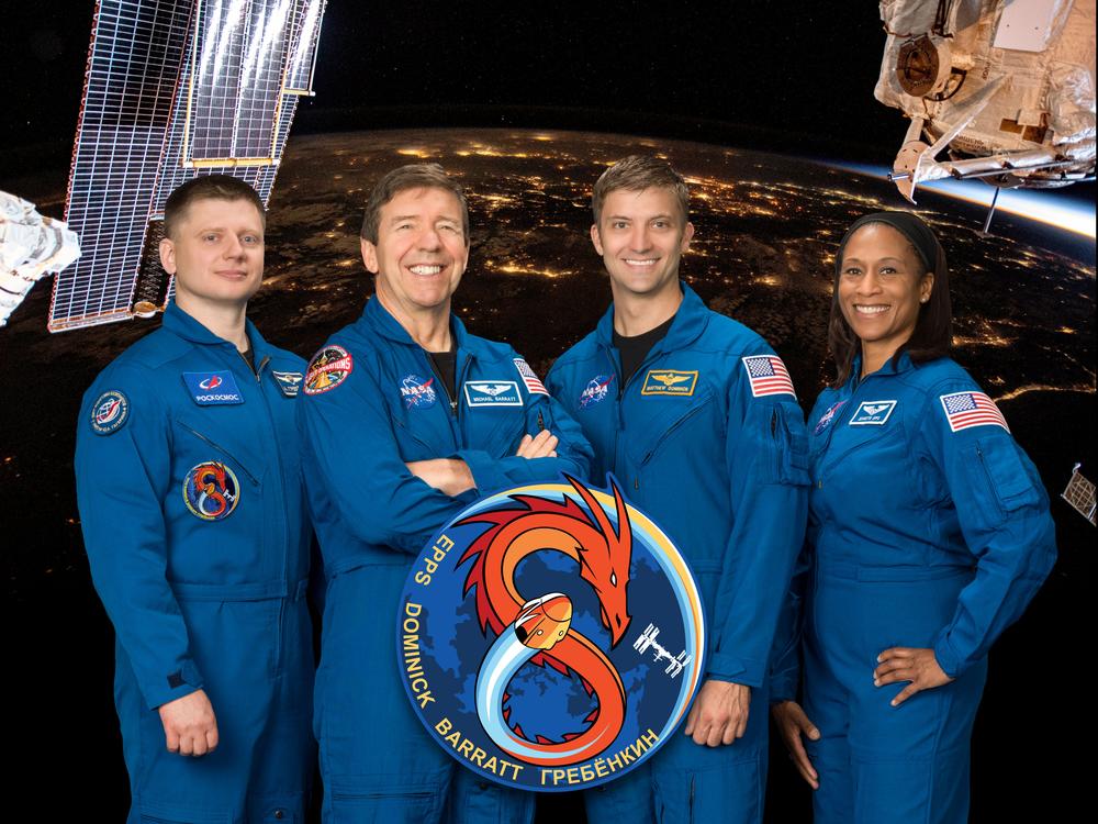Official SpaceX Crew-8 portrait with (L-R) Roscosmos cosmonaut and Mission Specialist Aleksandr Grebenkin, and Pilot Michael Barratt, Commander Matthew Dominick, and Mission Specialist Jeanette Epps, all three NASA astronauts.