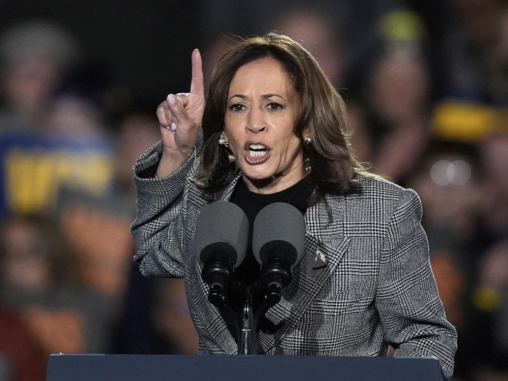 Vice President Harris speaks during a campaign rally in Ann Arbor, Mich., on Oct. 28, 2024.