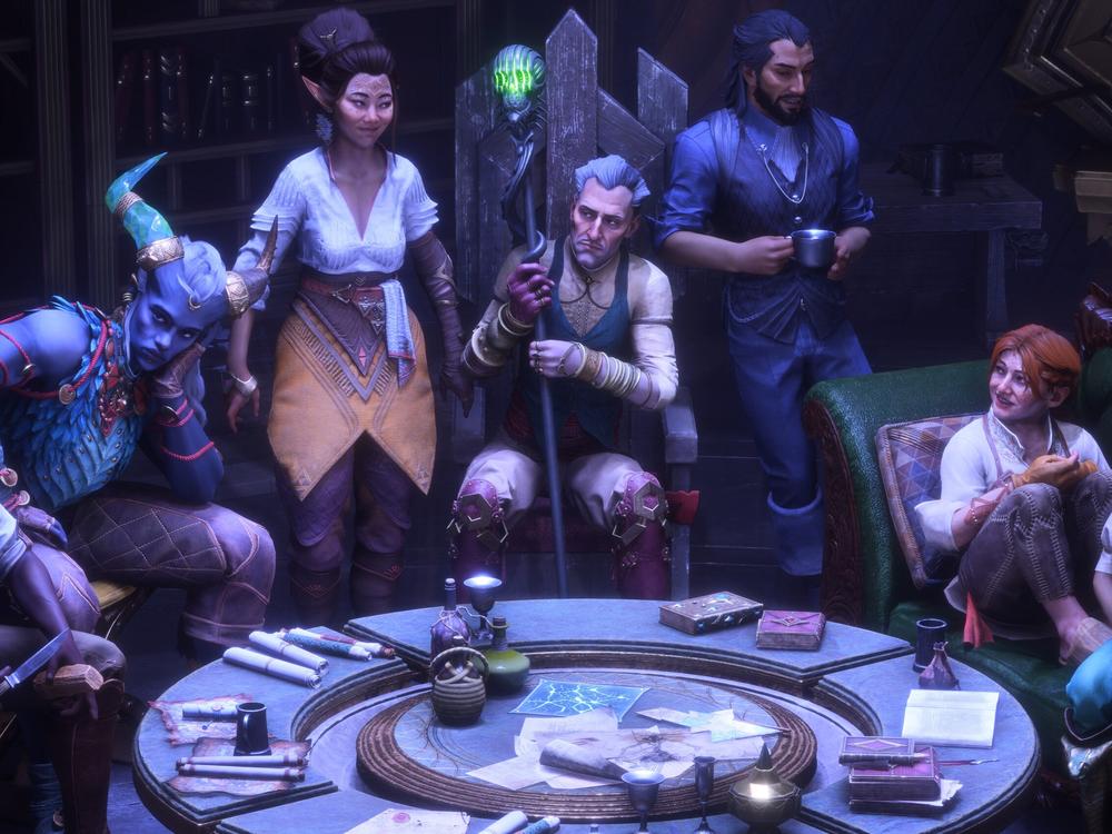 All seven companions, gathered in the game's home base.