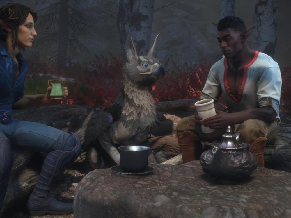 Two buddies and a baby griffin enjoy a quiet moment of companionship.