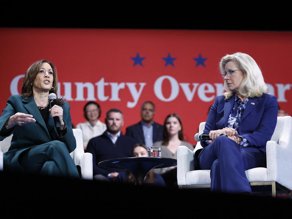 Vice President Harris speaks with former GOP Rep. Liz Cheney at a campaign event in Brookfield, Wis., on Oct. 21, 2024.