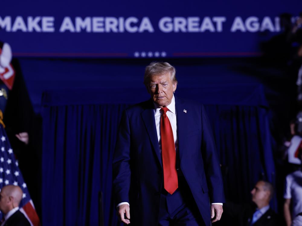 Trump arrives to speak at a campaign rally at on Monday in Atlanta.