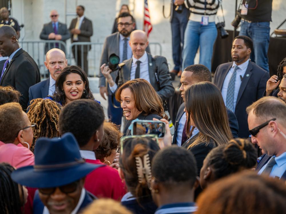 Vice President Kamala Harris greets supporters at a campaign rally at South Carolina State University in February.