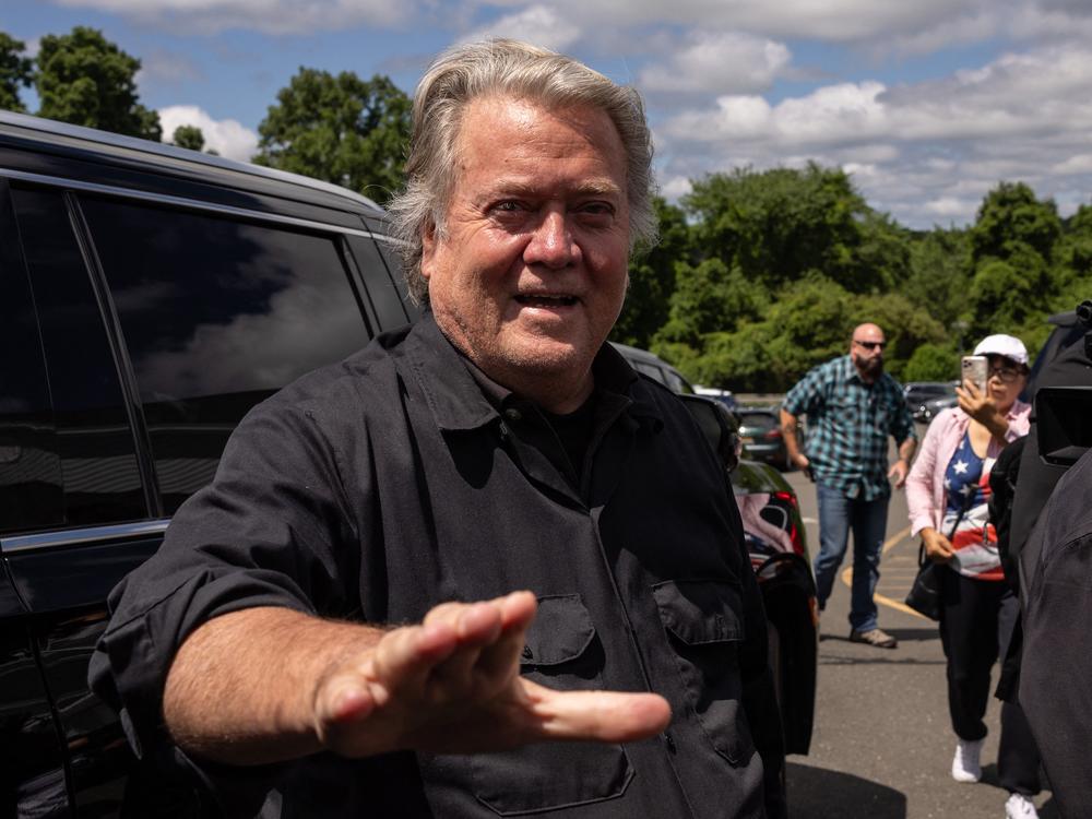 Former White House chief strategist Steve Bannon arrives at a press conference outside a federal correctional institution on July 1, 2024 in Danbury, Conn.