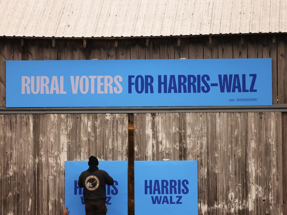 Workers prepare for a Democratic Vice Presidential nominee Tim Walz campaign rally for rural voters at Telesz Farms on Oct. 15 in Volant, Pennsylvania.