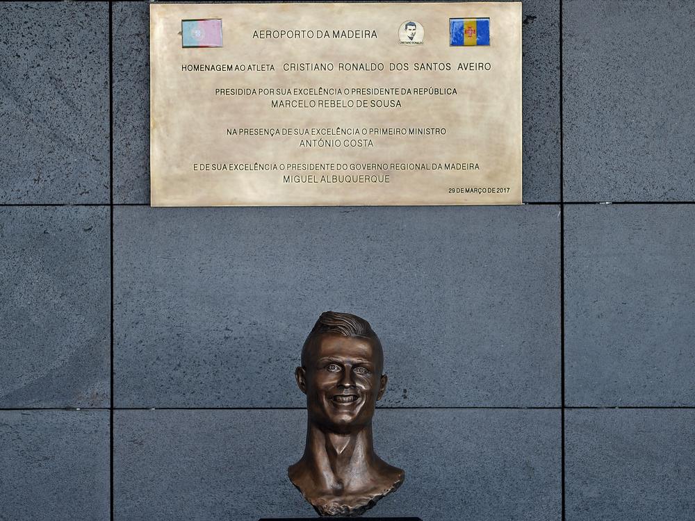 Statue of Cristiano Ronaldo at a ceremony where Madeira Airport was renamed after the soccer star on March 29, 2017 in Santa Cruz, Madeira, Portugal.