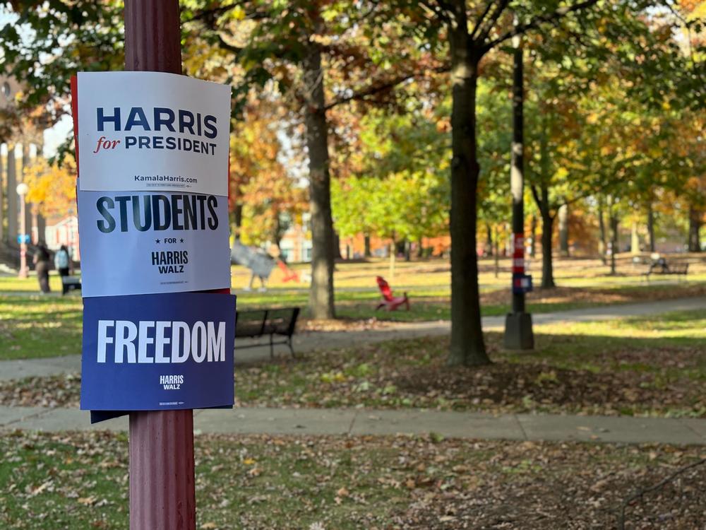 Students for Harris Walz signs hang at Indiana University of Pennsylvania ahead of a Get Out The Vote rally on Oct. 23, organized by the school's young Democrats.