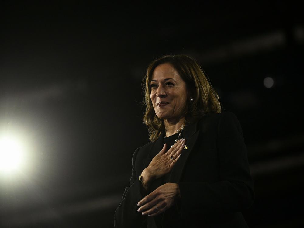Vice President Harris takes the stage at a rally in Harrisburg, Pa., on Oct. 30, 2024.