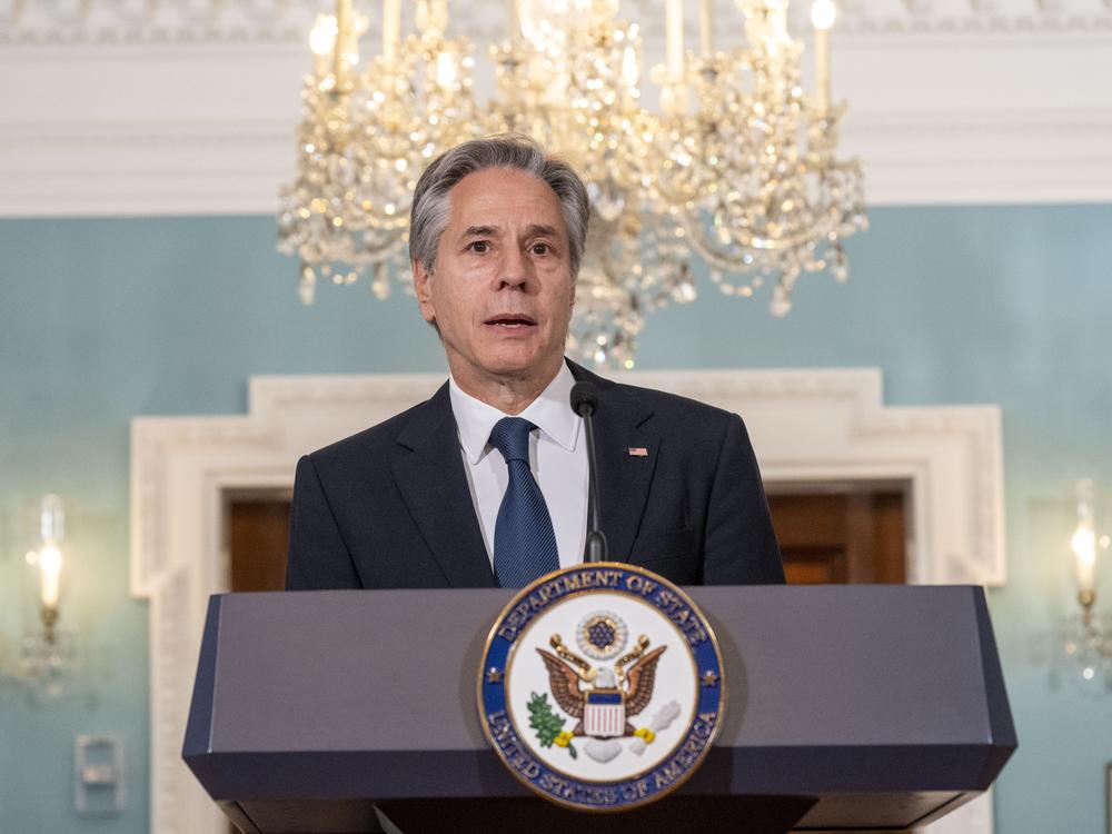 Secretary of State Antony Blinken speak during an event with Secretary of Commerce Gina Raimondo on the Economic Benefits of U.S. Travel and Tourism on Tuesday at the State Department in Washington.