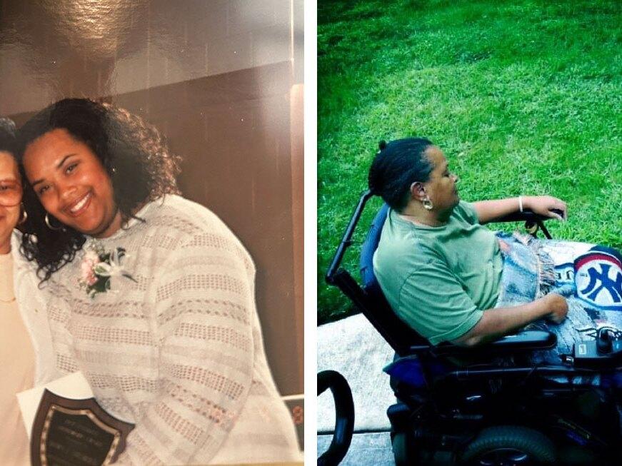 Left: Dawn and her mother, Nathalia, at her college graduation weekend in 1996. Soon after, Dawn moved back home to help keep an eye on things. Right: Nathalia and her dog Ziggy in 2011. She began using a wheelchair in 2004.