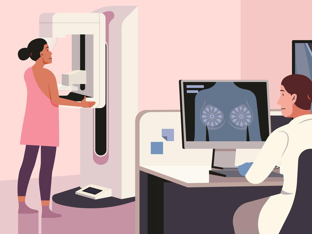 Advanced Mammography in a Medical Clinic, Expert Doctor Ensuring Early Detection of Breast Cancer for Female Patient's Health, Vector Flat Illustration Design