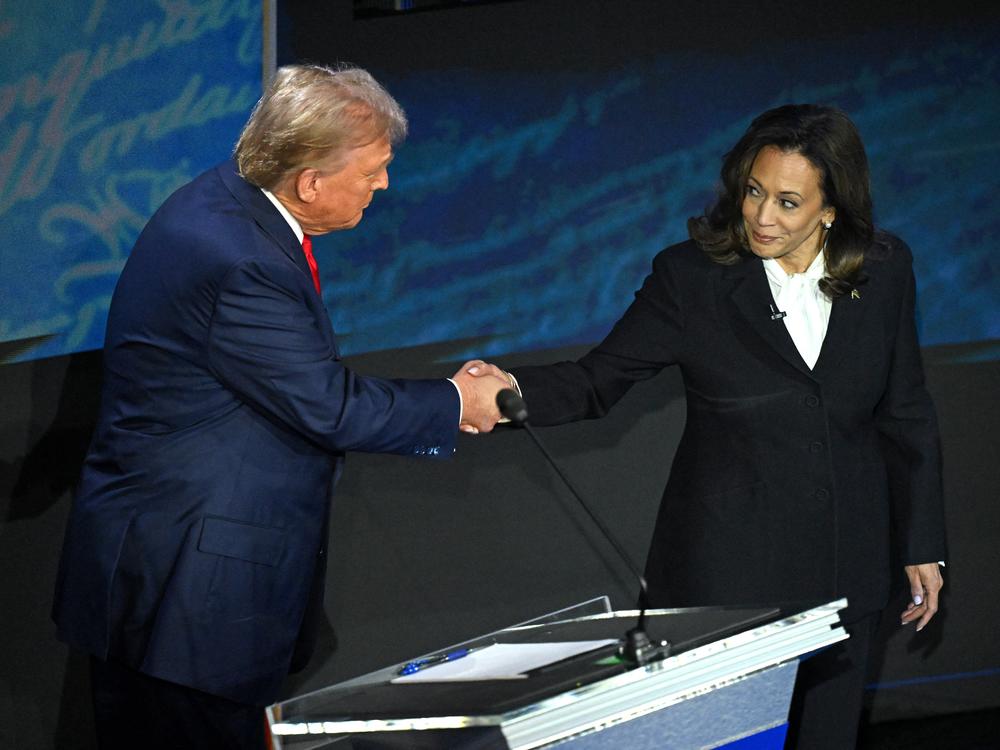 Vice President Kamala Harris and former President Trump shake hands during their debate on Sept. 10. Whoever wins the election could shape the Supreme Court for years.
