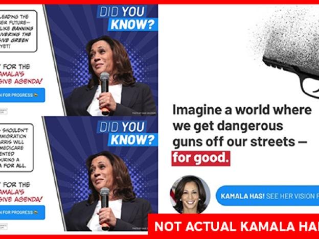 Three images posted by the group Progress 28 on Facebook claiming to be ads for Kamala Harris, but misrepresenting her current<strong> </strong>positions.