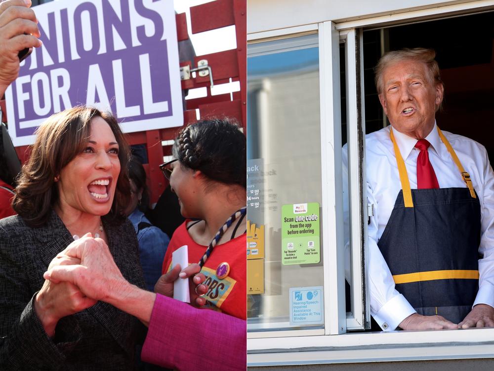 (Left) Kamala Harris attends a pro-union march in Los Angeles on October 2, 2019; (Right) Donald Trump visited a McDonald's restaurant in Feasterville-Trevose, Pa., on October 20, 2024.