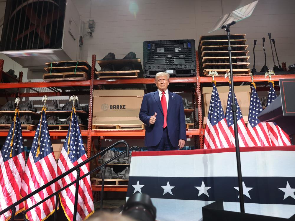 Republican presidential candidate and former President Donald Trump arrives for a campaign stop at Drake Enterprises, an automotive parts manufacturer, on September 27, 2023 in Clinton Township, Mich.