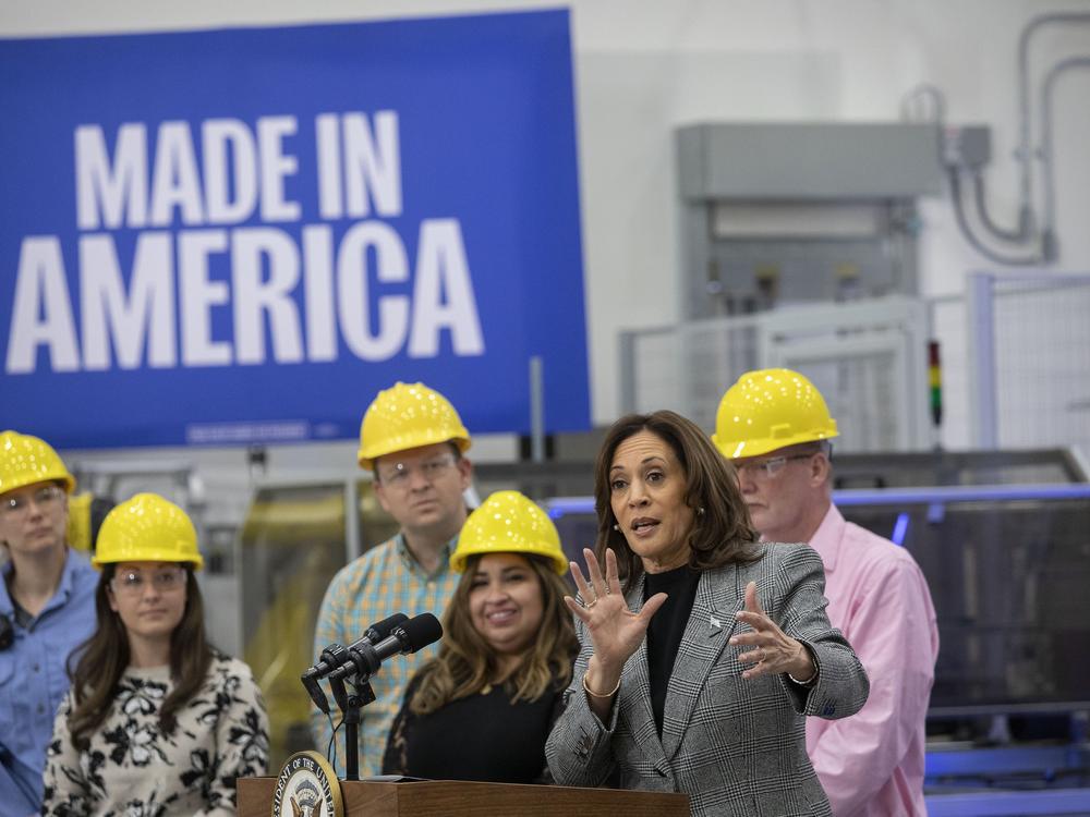 Democratic presidential nominee U.S. Vice President Kamala Harris speaks at Hemlock Semiconductor during a campaign stop on October 28, 2024 in Saginaw, Mich.