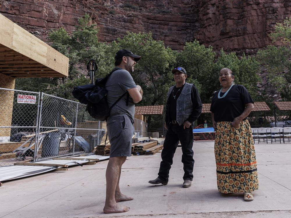 Gallego meets with Vice Chairman Armando Marshall and Chairwoman Bernardine Jones on his arrival at the Supai Tribe village on Oct. 14.