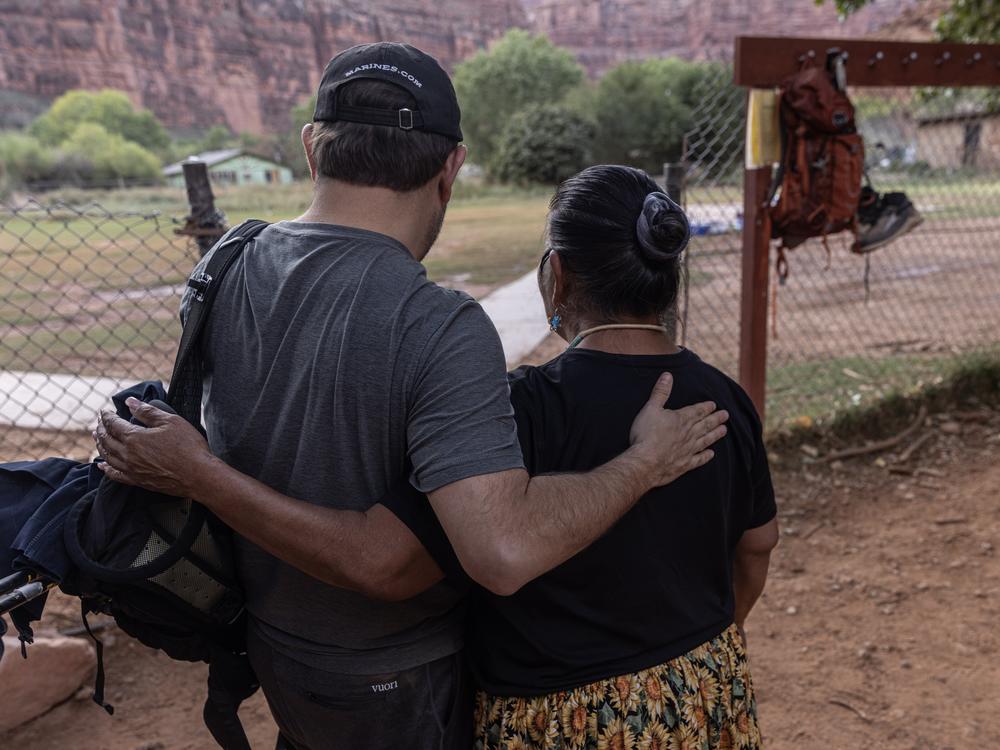 Gallego and  Chairwoman Bernardine Jones at the helicopter landing spot at the Supai Tribe village.