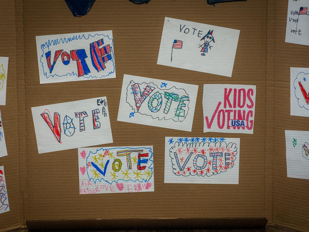 Student art celebrating Voting Day is displayed in Meyers’ classroom.