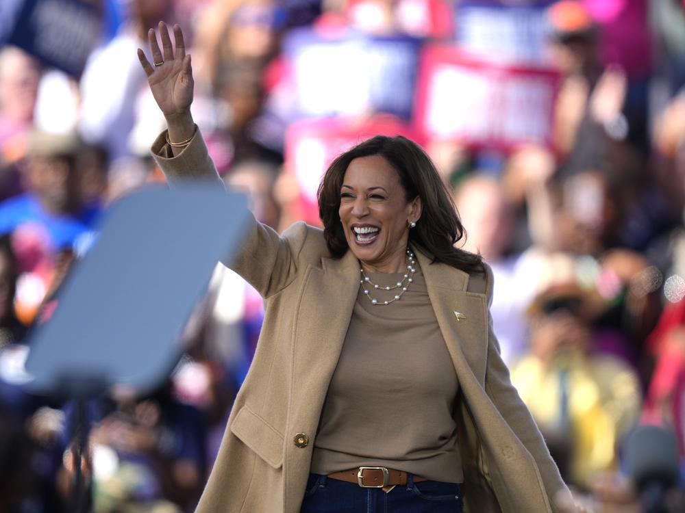 Democratic presidential nominee Vice President Kamala Harris arrives to speak during a campaign rally outside the Atlanta Civic Center, Saturday, Nov. 2, 2024.