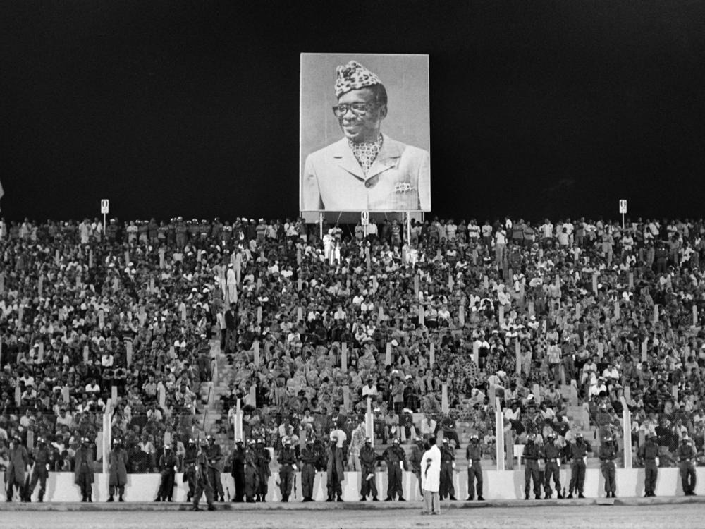 A portrait of President of Zaire Mobutu Sese Seko is seen at the stadium in Kinshasa on Oct. 30, 1974, during the fight between U.S. boxing heavyweights Muhammad Ali and George Foreman.