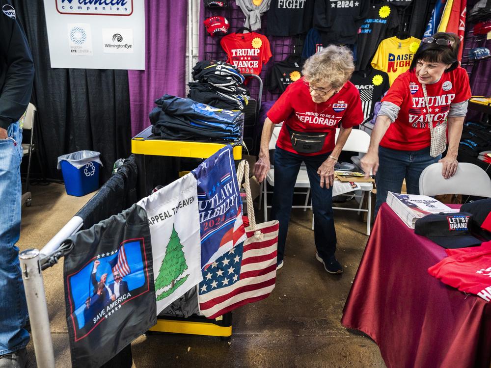 The Republican booth at the fair was stacked with election merch.