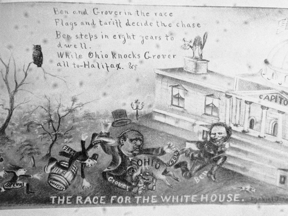 This cartoon illustrates the campaign of 1888 when Republican Benjamin Harrison and Democrat Grover Cleveland were the candidates.