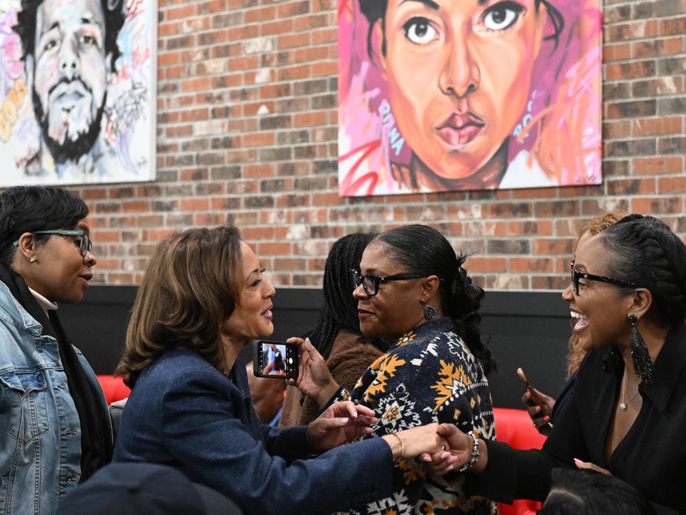 Vice President Harris greets diners at Kuzzo's Chicken & Waffles restaurant in Detroit on Nov. 3, 2024.