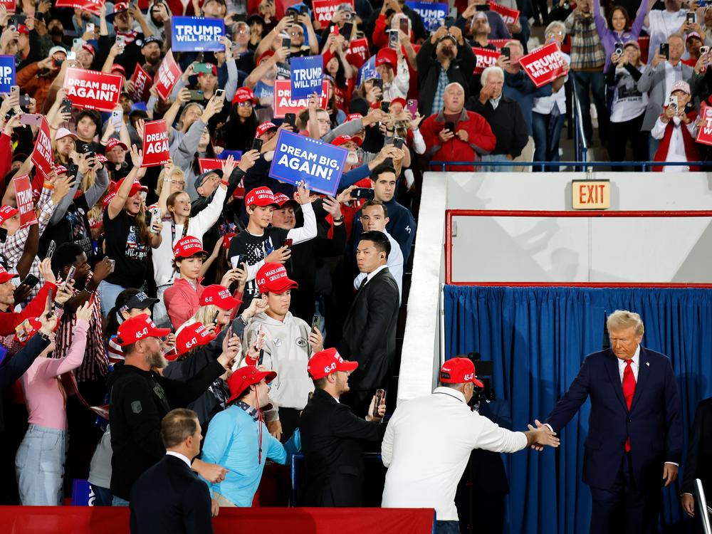 Former President Donald Trump arrives for a campaign rally at the Dorton Arena on Nov. 4, 2024, in Raleigh, N.C.
