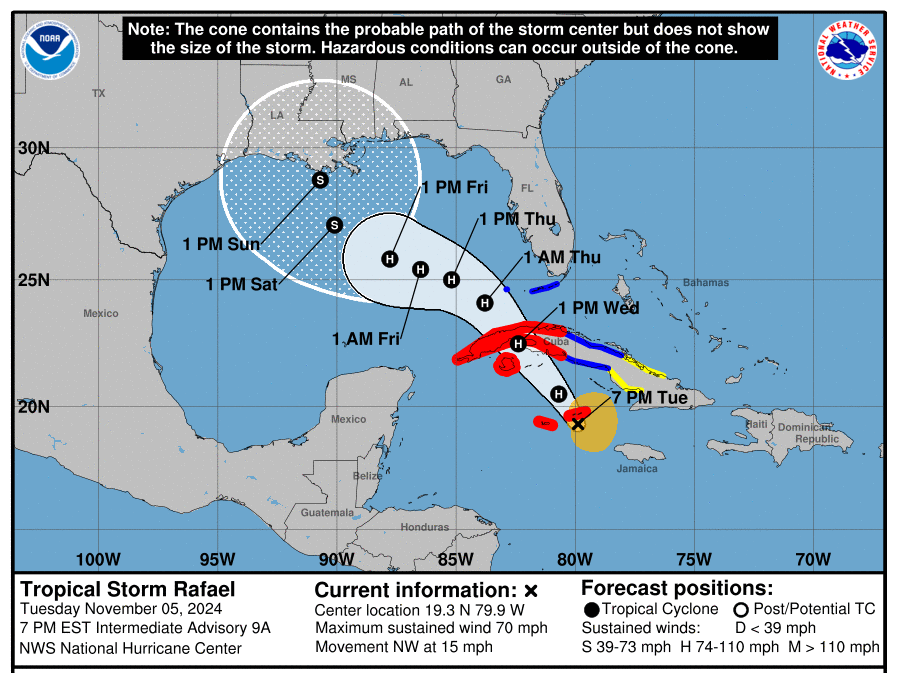 The National Hurricane Center says Rafael has strengthened into a hurricane as it approaches the Cayman Islands. The storm will move across Cuba and enter the Gulf of Mexico as a hurricane.