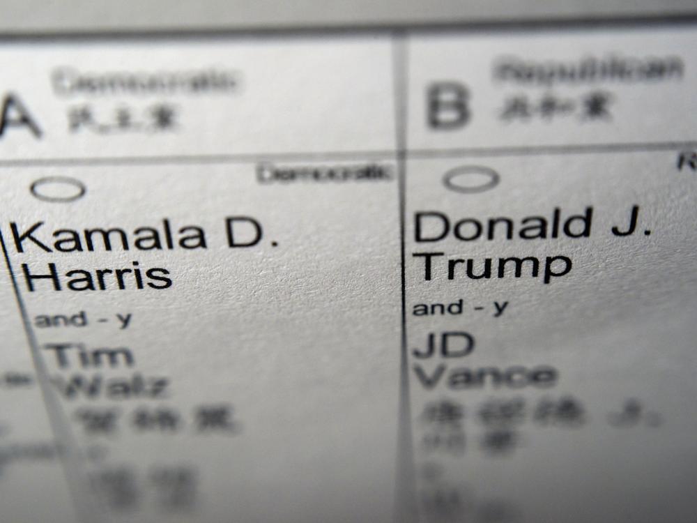 Candidates for president and vice president of the United States, Democrats Vice President Kamala Harris and Minnesota Gov. Tim Walz, and Republicans former President Donald Trump and Sen. JD Vance, R-Ohio, are seen on part of a mail-in election ballot in New York on Sunday.