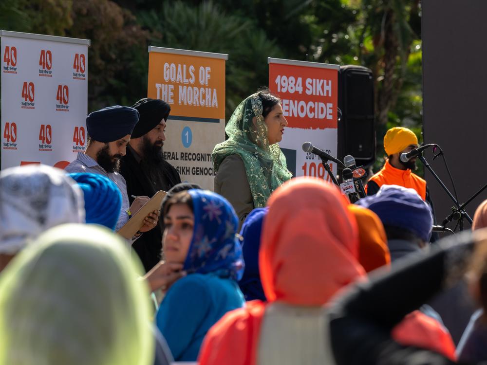 Sacramento Assemblymember Jasmeet Bains speaks at the closing ceremony of the Fearless for Justice March in Sacramento, Calif. Friday.