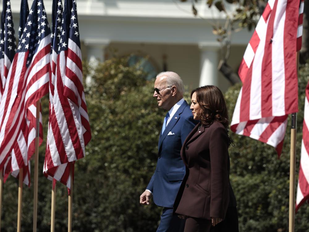 President Joe Biden and Vice President Harris arrive for an event celebrating Judge Ketanji Brown Jackson's confirmation to the Supreme Court on the South Lawn of the White House in 2022.